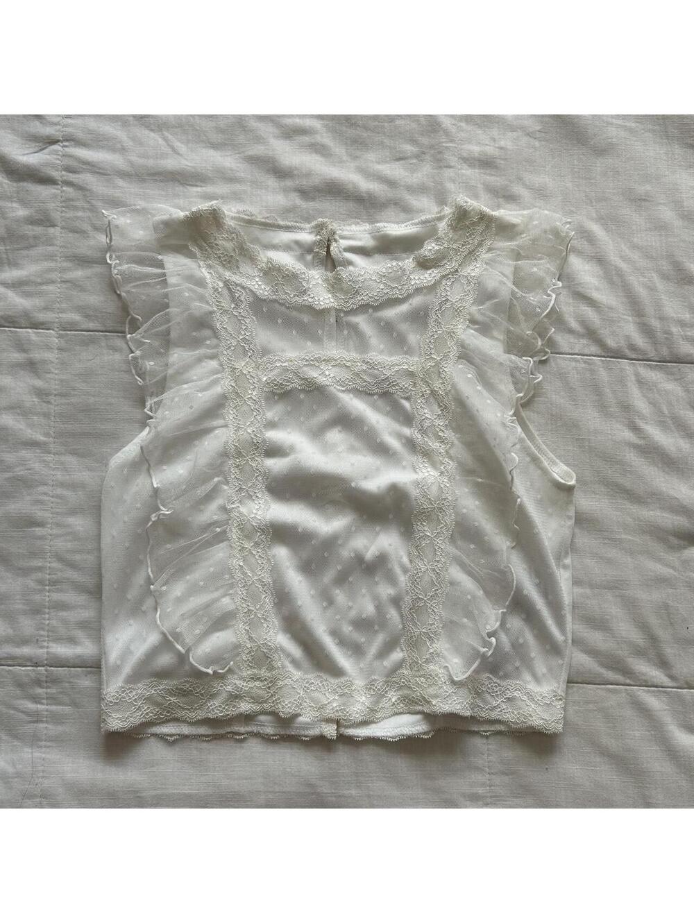 Japanese Brand Ivory White Lace Swiss Dot Mesh Ruffle Sleeveless Blouse XS